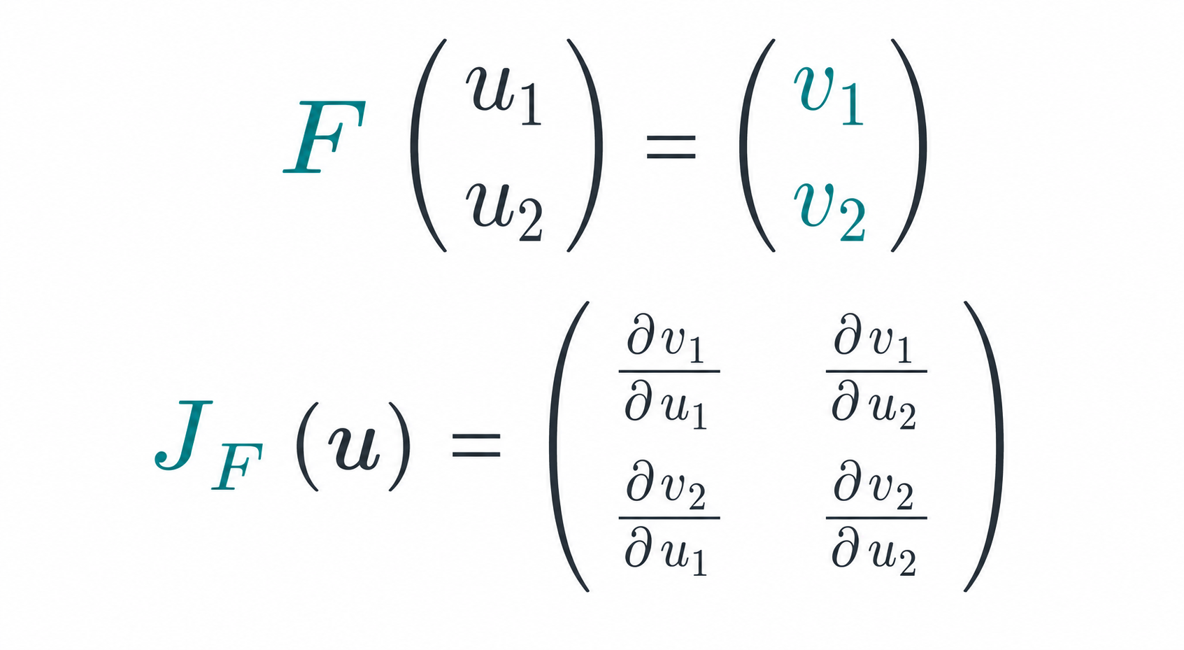The vector function F from u to v and its two-by-two Jacobian matrix