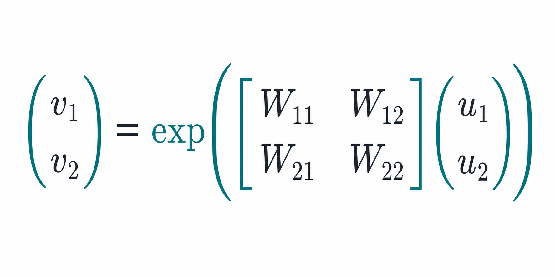 The vector mapping v equals exp of W times u, using column vectors